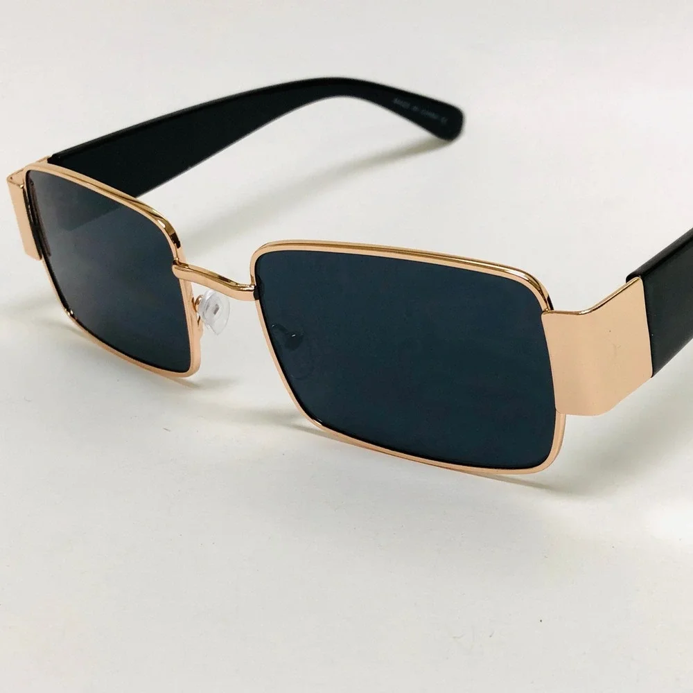 Rectangle Sunglasses Gold Frame Black Lens Retro Vintage Fashion‎ Men Trendy New